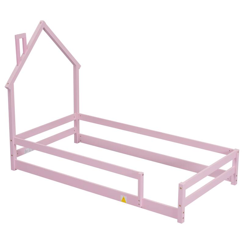Twin Size Wood bed with House Shaped Headboard Floor Bed with Fences