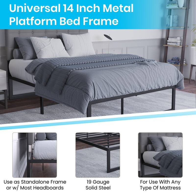 14" Metal Platform Bed Frame with Steel Slat Supports-No Foundation Needed