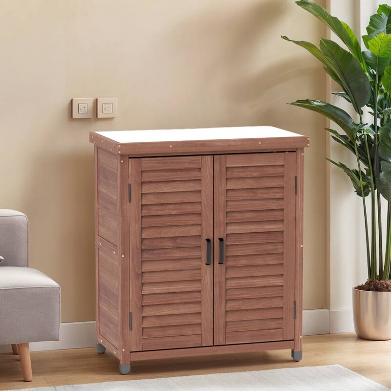 Outdoor Garden Potting Bench Table, Garden Wood Workstation with Storage Cabinet, Patio Storage Cabinet with Metal Table Top