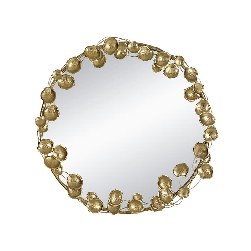 Round Metal Wall Mirror with Golden Leaf Accents