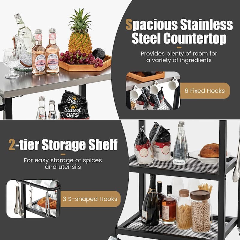 Gymax 3-tier Outdoor Grill Cart on Wheels w/ Stainless Steel Top &