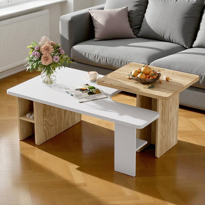 Set of 2 Farmhouse Nesting Coffee Tables, Rectangular Wood Finish Living Room Table Set, Small Sofa Side Tables - White