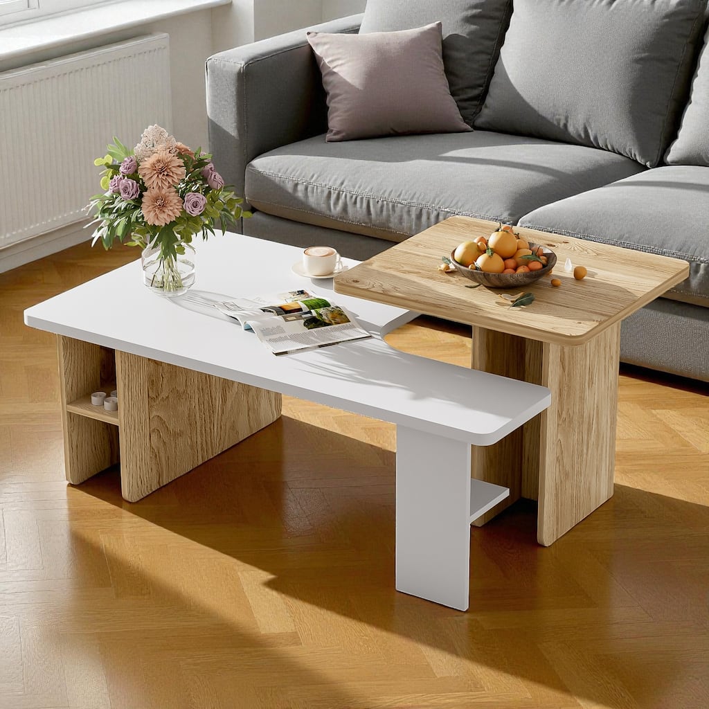 Set of 2 Farmhouse Nesting Coffee Tables, Rectangular Wood Finish Living Room Table Set, Small Sofa Side Tables