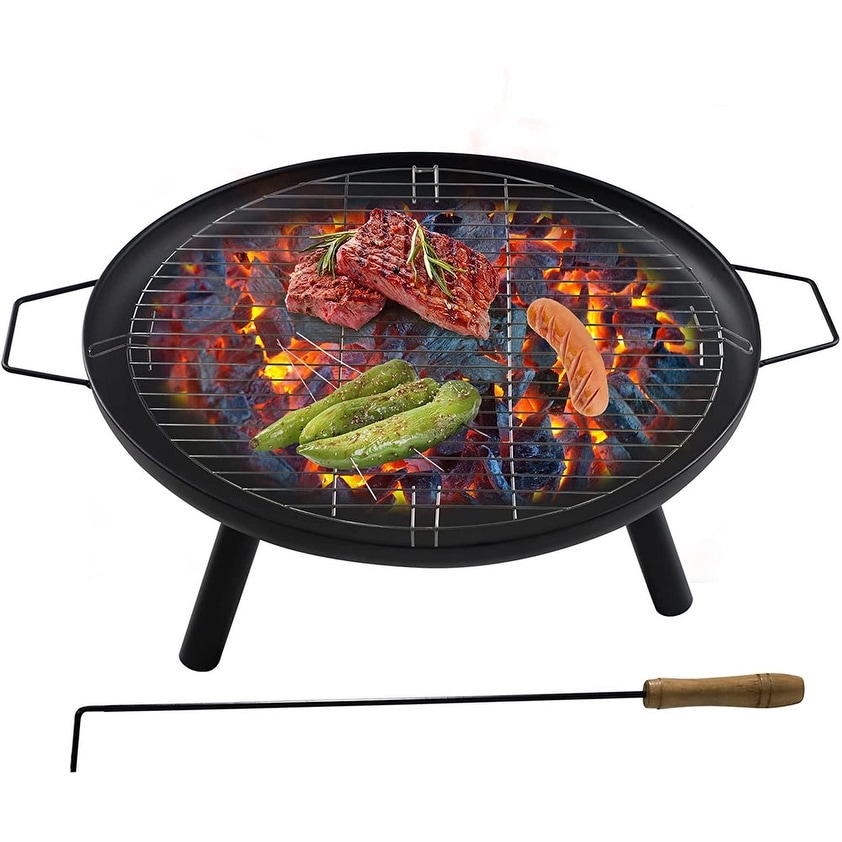 Outdoor Wood Burning Fire Bowl Fireplace with Portable Poker and Grate - 28.4 inch Dia x 11 inch H