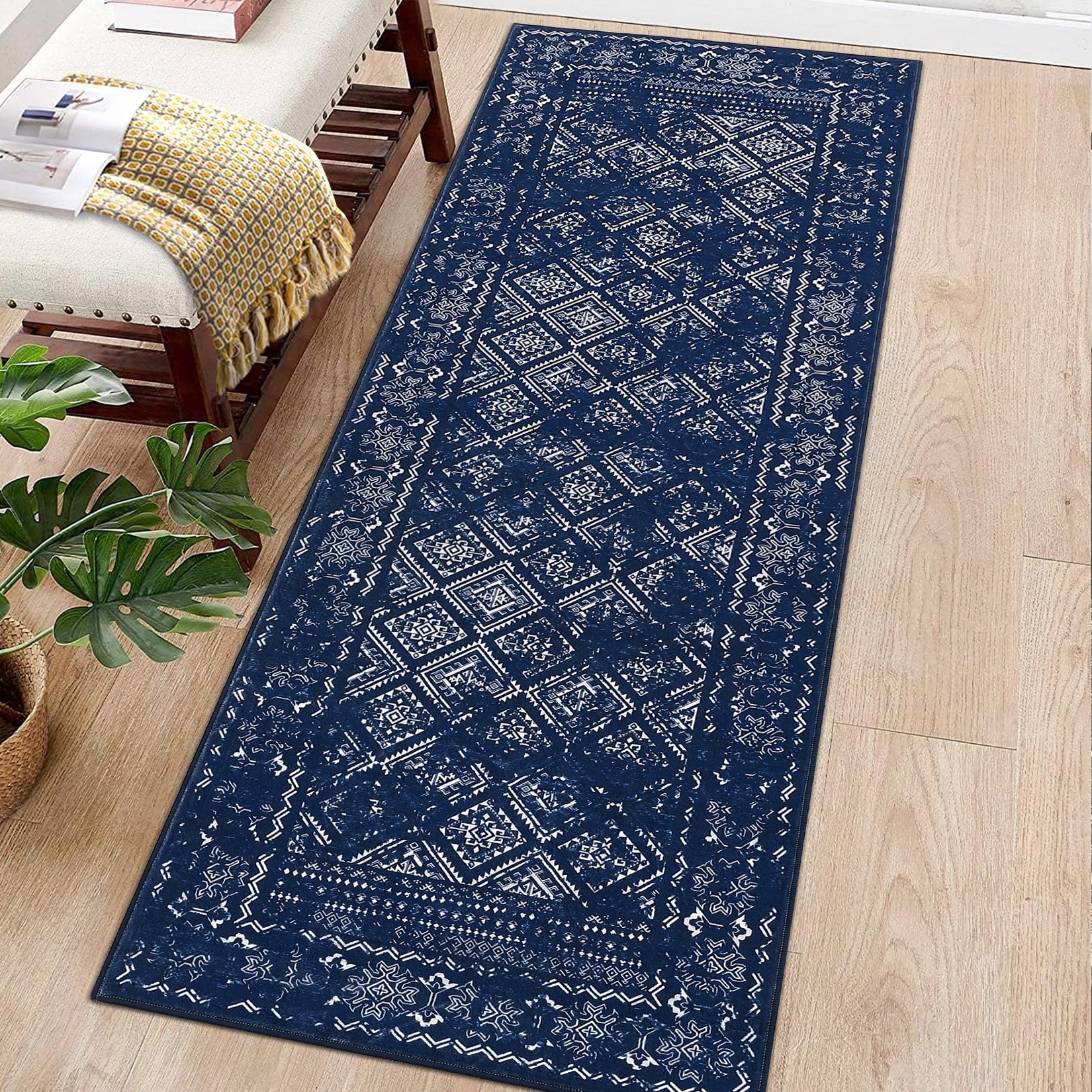 Washable Area Rugs for Living Room Vintage Geometric Rug Soft Distressed Rug Low Pile Non-Slip Rug