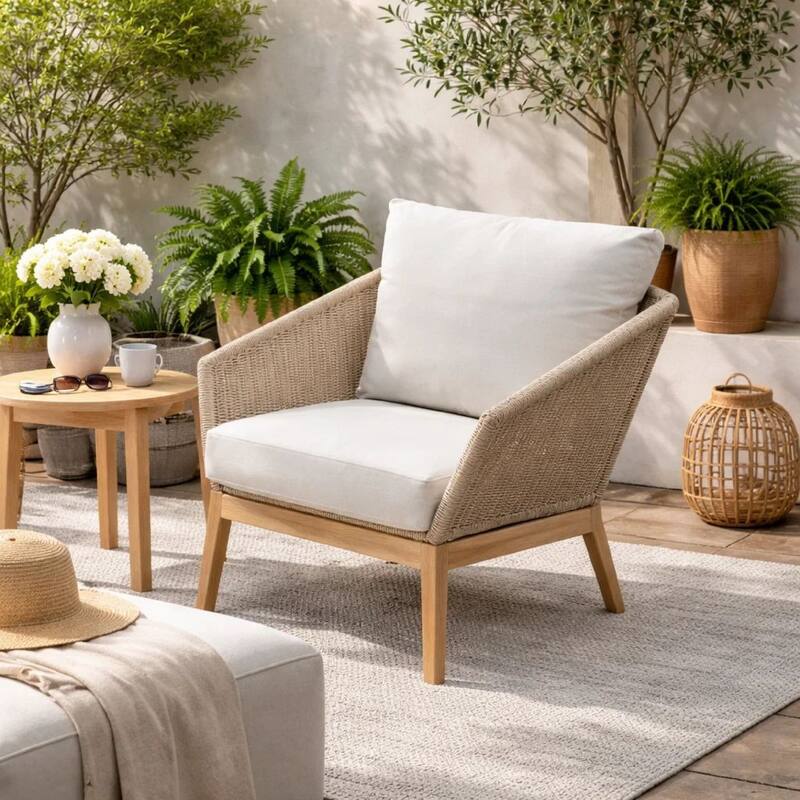 Dexi 30 Inch Patio Sofa Chair, Fade Resistant Fabric Cushions, Beige Rope