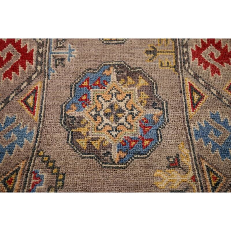 Geometric Brown Kazak Oriental Runner Rug Hand-Knotted Wool Carpet - 1'11" x 5'11"