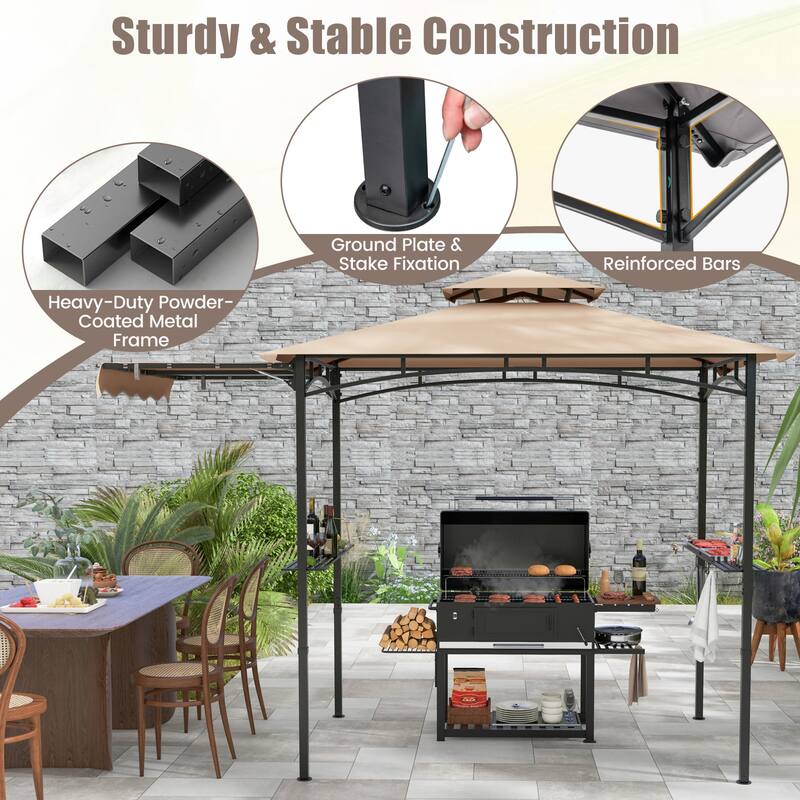 11 x 5 Feet Outdoor BBQ Shelter with Vented Canopy and Side Awning Hanging Hooks and Metal Frame Base