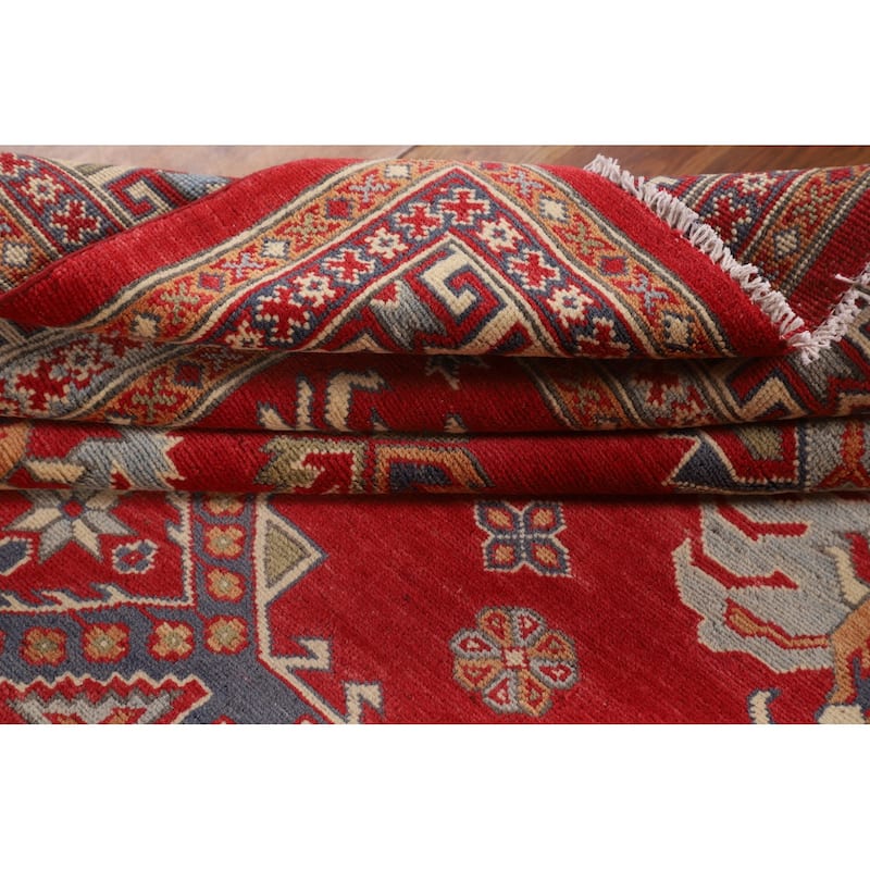 Oriental Red Geometric Kazak Area Rug Hand-Knotted Wool Carpet - 6'5" x 9'8"