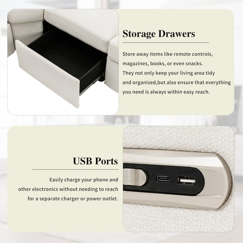 88.9" Linen Power Recliner Sectional 5-Seat Sofa with USB Ports and Storage Drawers