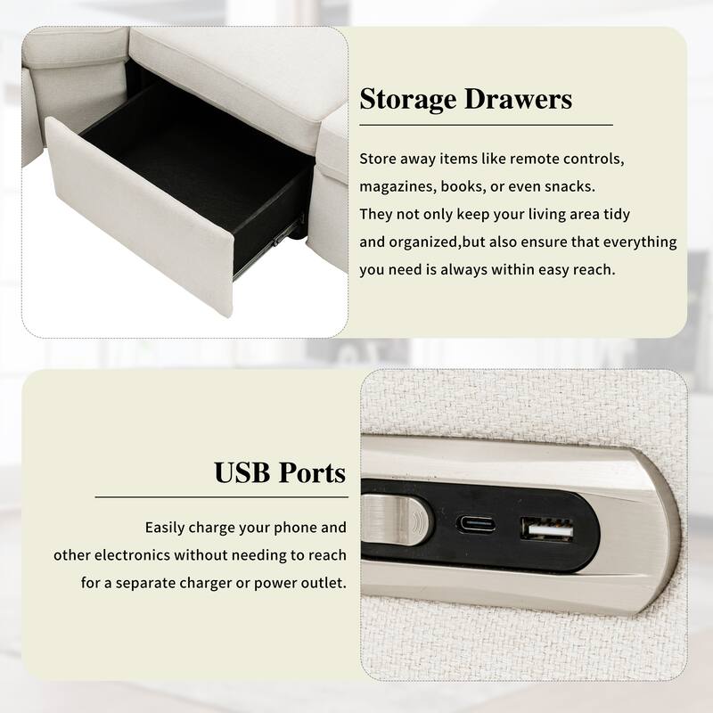88.9" Linen Power Recliner Sectional Sofa with Storage Drawers