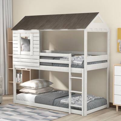 Twin Over Twin Playhouse Inspired Bunk Bed with Sloping Roof, Window