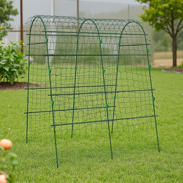 6.8' Tall Arch Trellis for Climbing Plants, Plastic Coated Steel Frame with Climbing Net, A-Frame Support for Vegetables, Peas - Green
