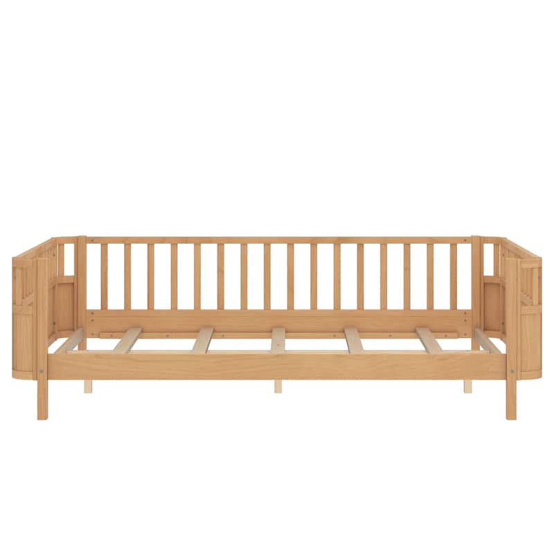Multi Size Low Platform Bed for Kids with Rounded Corners Guardrails, Detachable Right-side Fence and Open Left-side Design