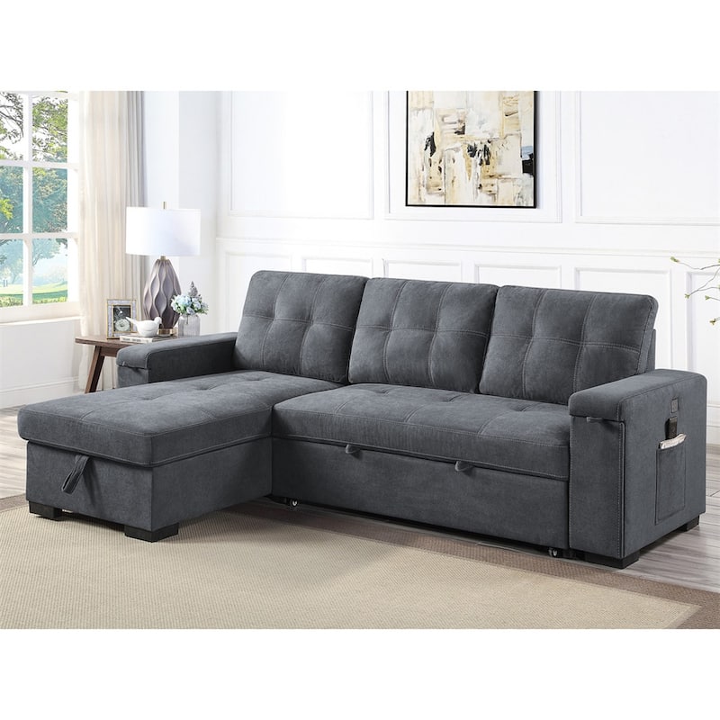 Woven Fabric Reversible Sectional Sofa with Storage Chaise, USB Ports - Grey