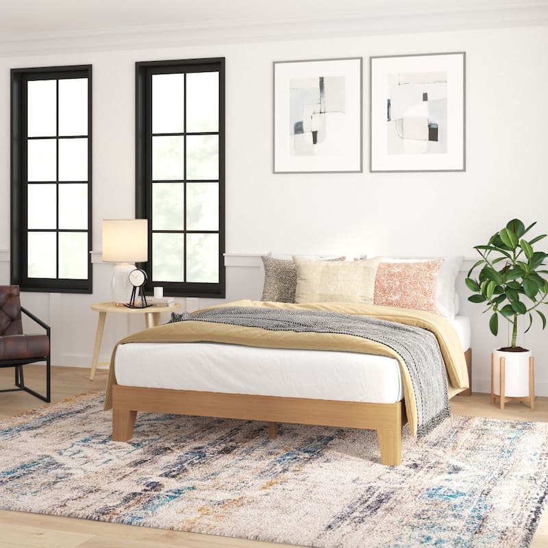 Wood Platform Bed with 14 Wooden Support Slats - Natural - Queen