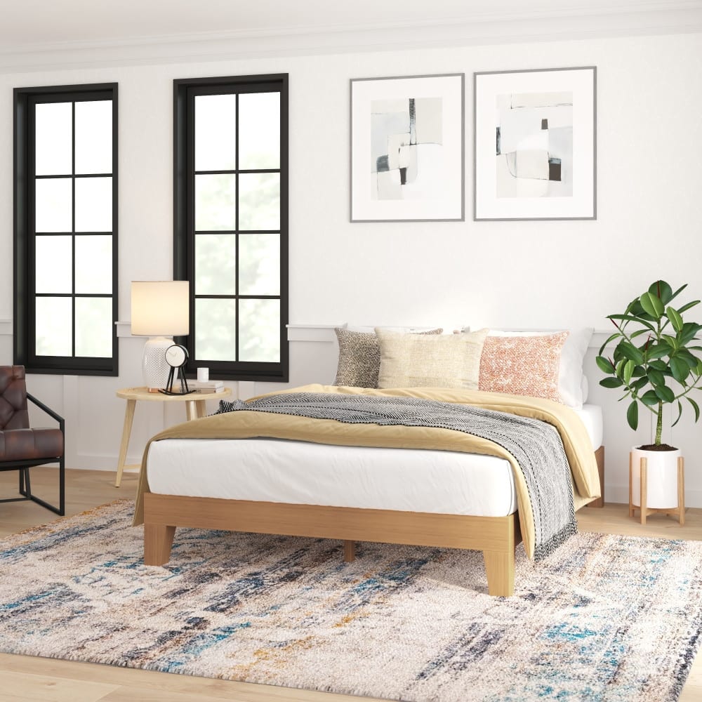 Wood Platform Bed with 14 Wooden Support Slats