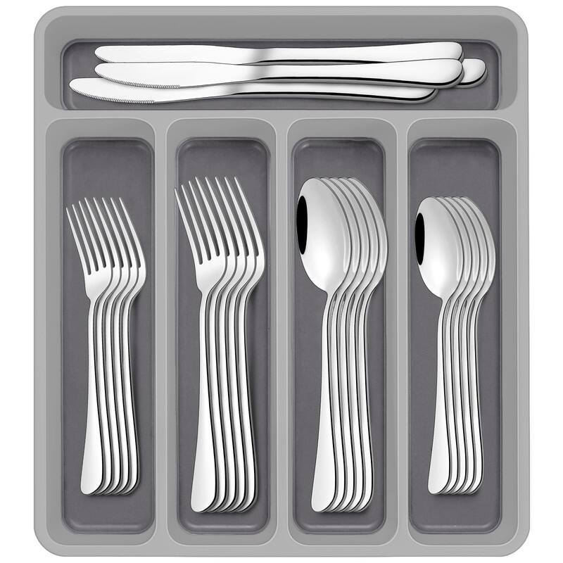 49-Piece Silverware Set with Organizer, Stainless Steel Flatware Cutlery Set - Silver