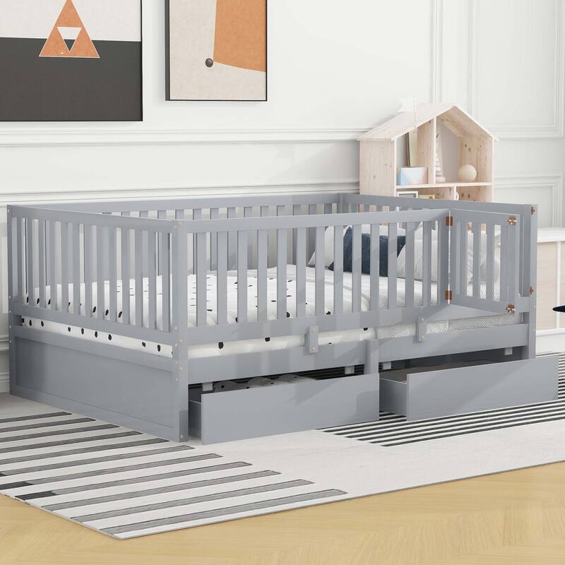 Full Size Wood Daybed with Fence Guardrails and 2 Drawers