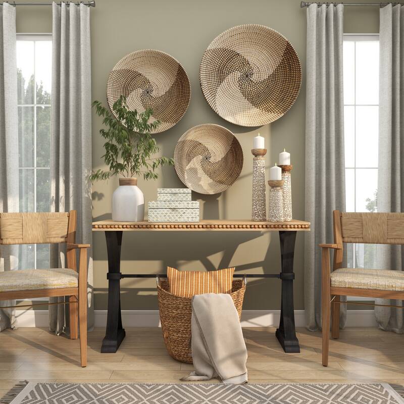 Brown Seagrass Handmade Spiral Basket Plate Home Wall Decor (Set of 3)