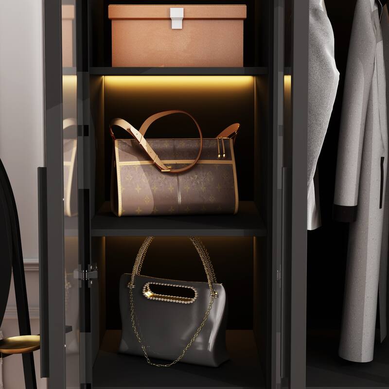 47.2" Wide Armoire LED Light All Glass Door Closet Cabinet Wardrobe