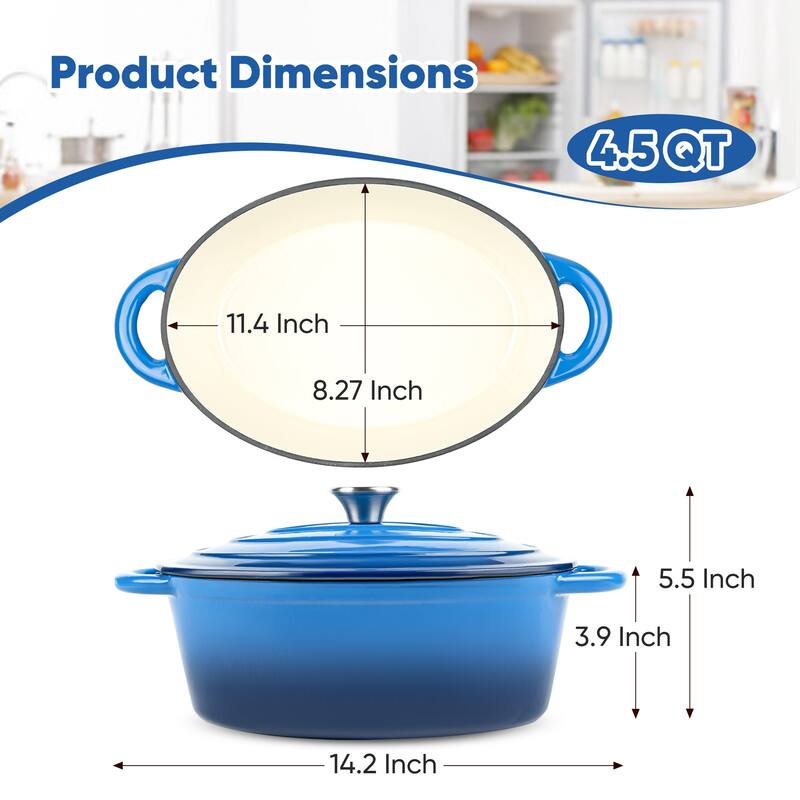 11.4 Inch Oval Dutch Oven with Lid, 4.5 Quart Cast Iron Dutch Oven with Non-Stick, 500-degrees F