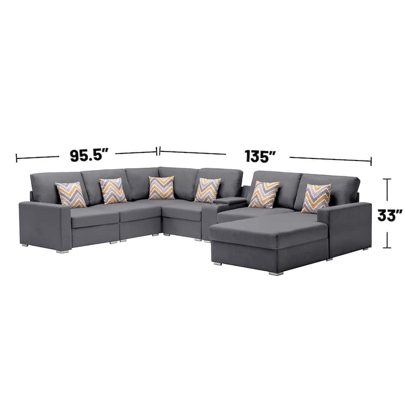 Linen Fabric 7 Piece Reversible Chaise Sectional Sofa with Storage Console Table and 6 Pillows