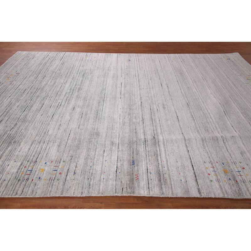 Silver Gray Striped Gabbeh Oriental Area Rug Handmade Wool Carpet - 9'0" x 12'0"