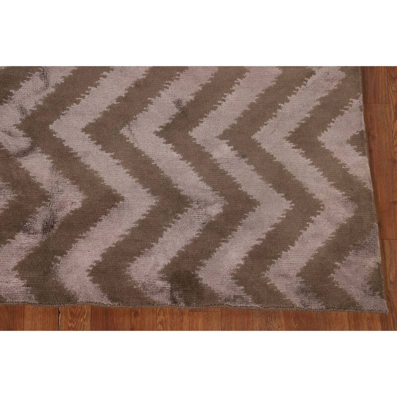 Brown Chevron Style Nepalese Oriental Rug Hand-Knotted Wool Carpet - 6'0" x 8'8"