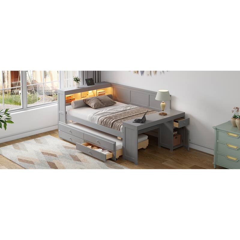 Full Size Daybed with Storage Shelves, Drawers, Trundle, Charging Station, LED Light, Desk and Cabinet