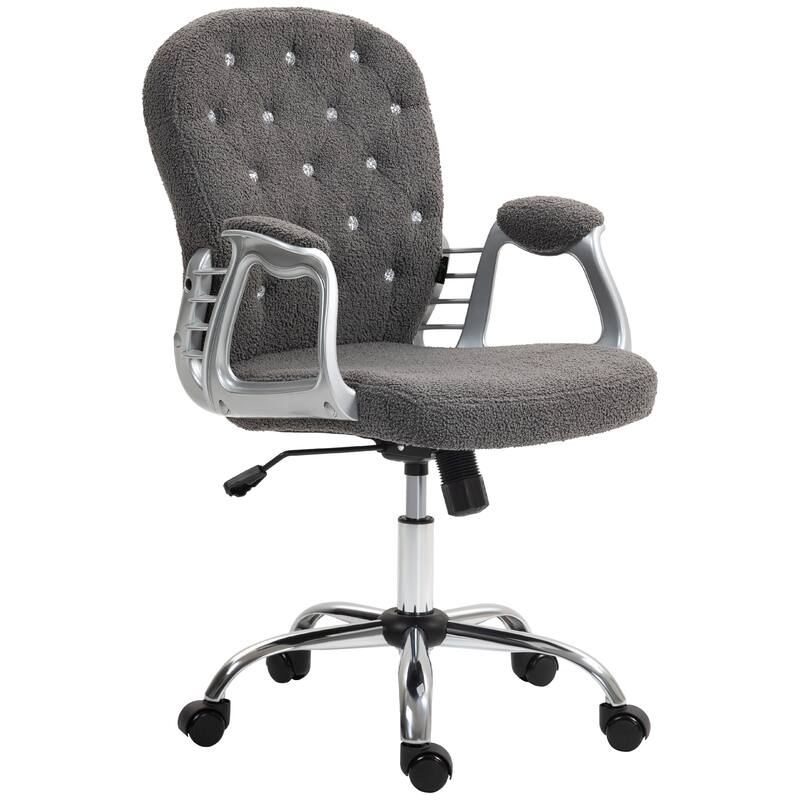 Teddy Fleece Home Office Chair, Button Tufted Desk Chair with Padded Armrests, Adjustable Height and Swivel Wheels, Dark Gray