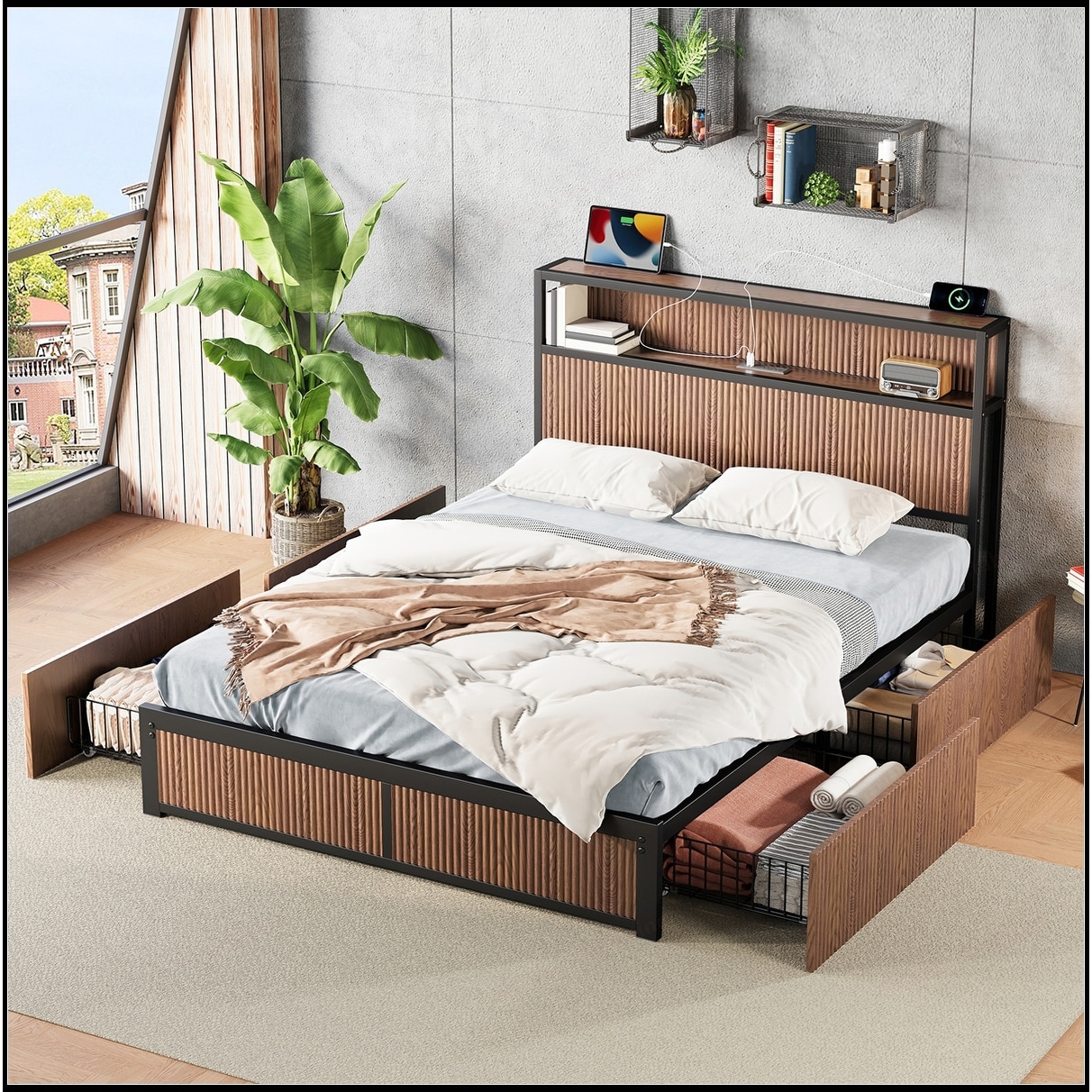 Wooden and Metal Frame Platform Bed