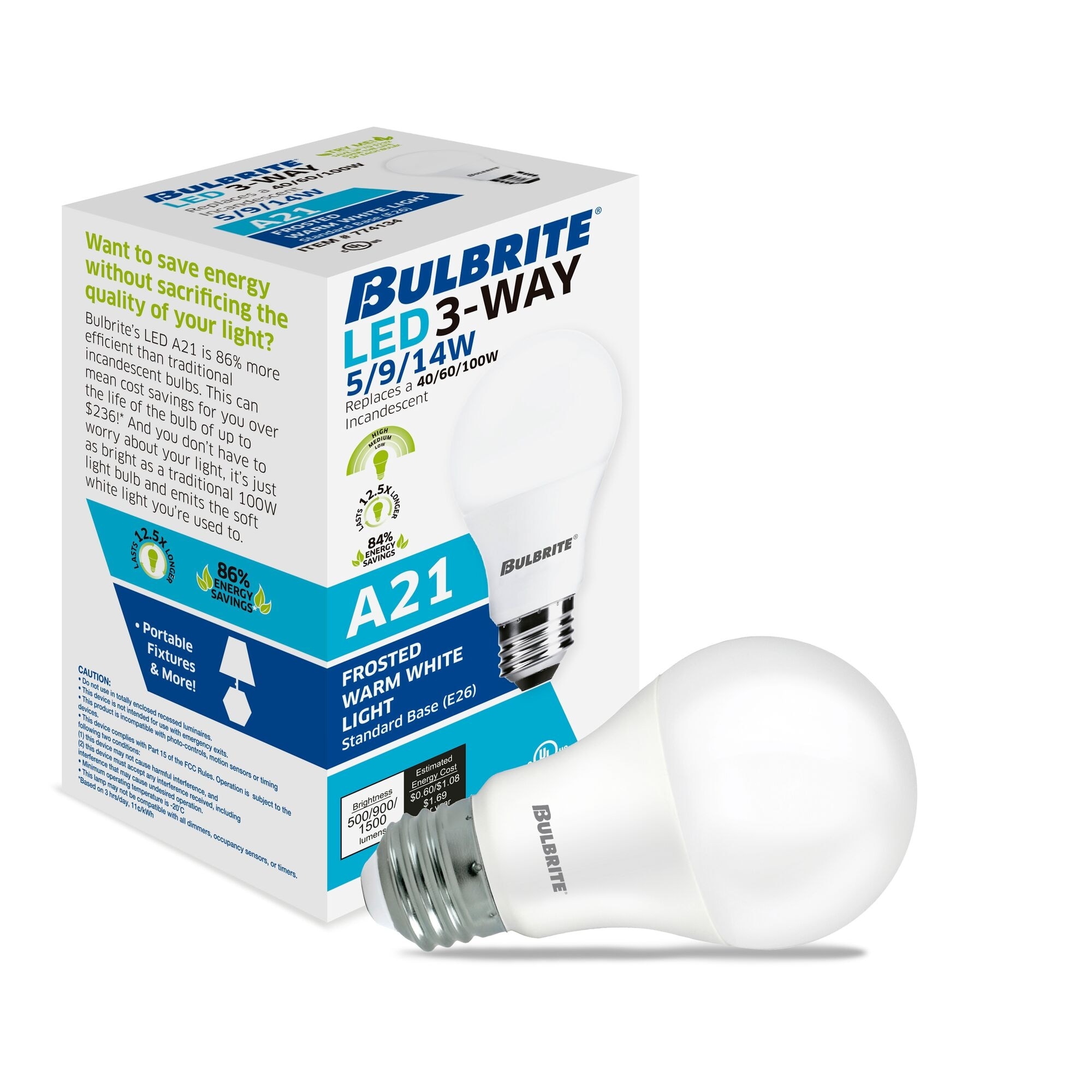 Bulbrite Pack of (4) Three-Way A19 LED Light Bulbs with Medium (E26) Base, 3000K, Soft White Light, 500/900/1500 Lumens