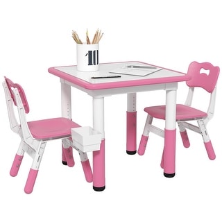3 Piece Kids Table and Chairs, Height Adjustable Toddler Table and Chair Set with Storage, Easy to Wipe Activity Table - Pink