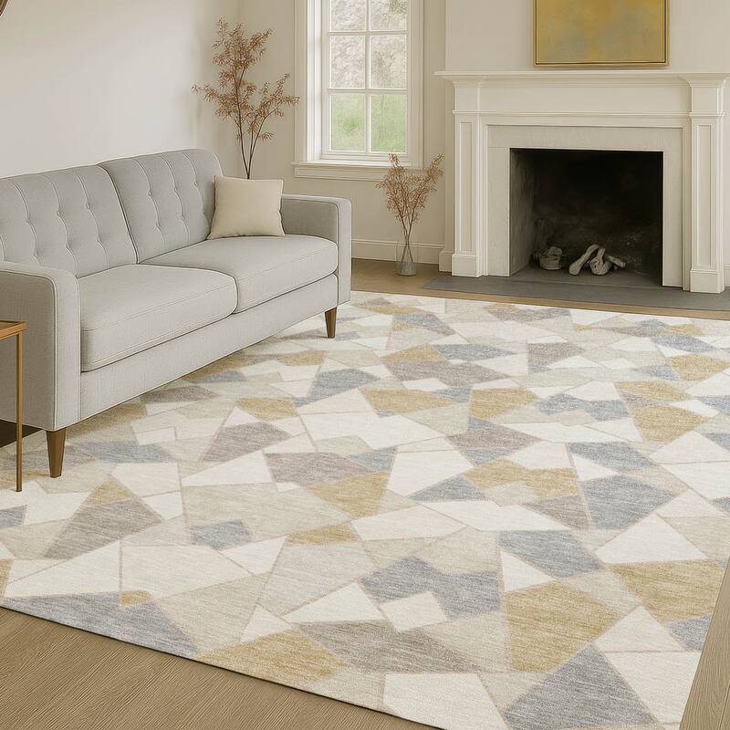 Machine Washable Indoor/ Outdoor Modern Mosaic Chantille Rug