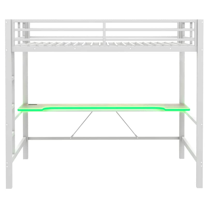 Full Size House Bed, Metal Loft Bed Frame with LED Light, USB Charge Station and Wooden Desktop Built-in Desk for Bedroom