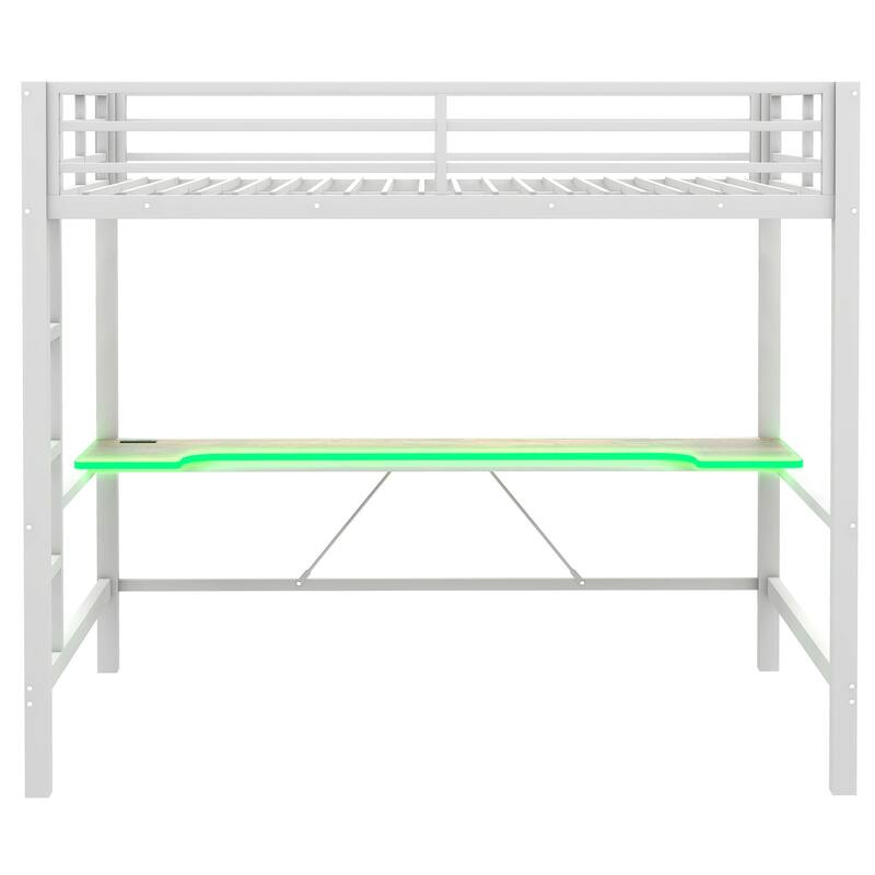 Gaming Loft Bed with RGB LED Light & USB Charge Station, Metal Loft Bed Frame w/Built-in Desk & Full-Length Guardrails