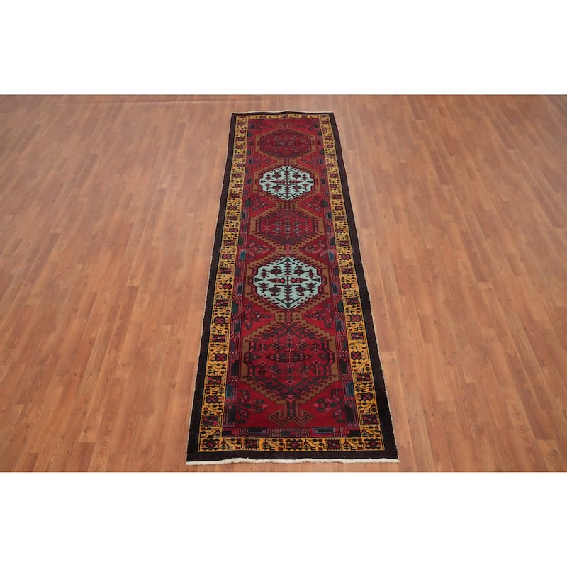 Hand Knotted Oriental 100% Wool Carpet Traditional Geometric Red Ardebil Runner Rug - 10' 6'' X 3' 2''