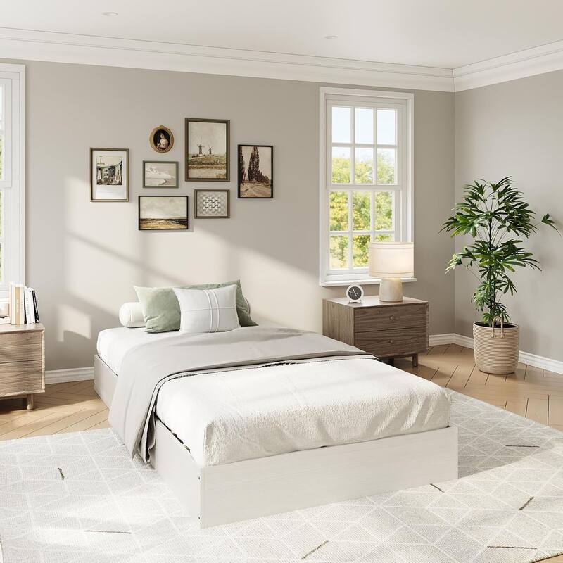 Space-Saving Sturdy Floor-Standing Platform Bed Frame, No Box Spring Needed, White - Twin