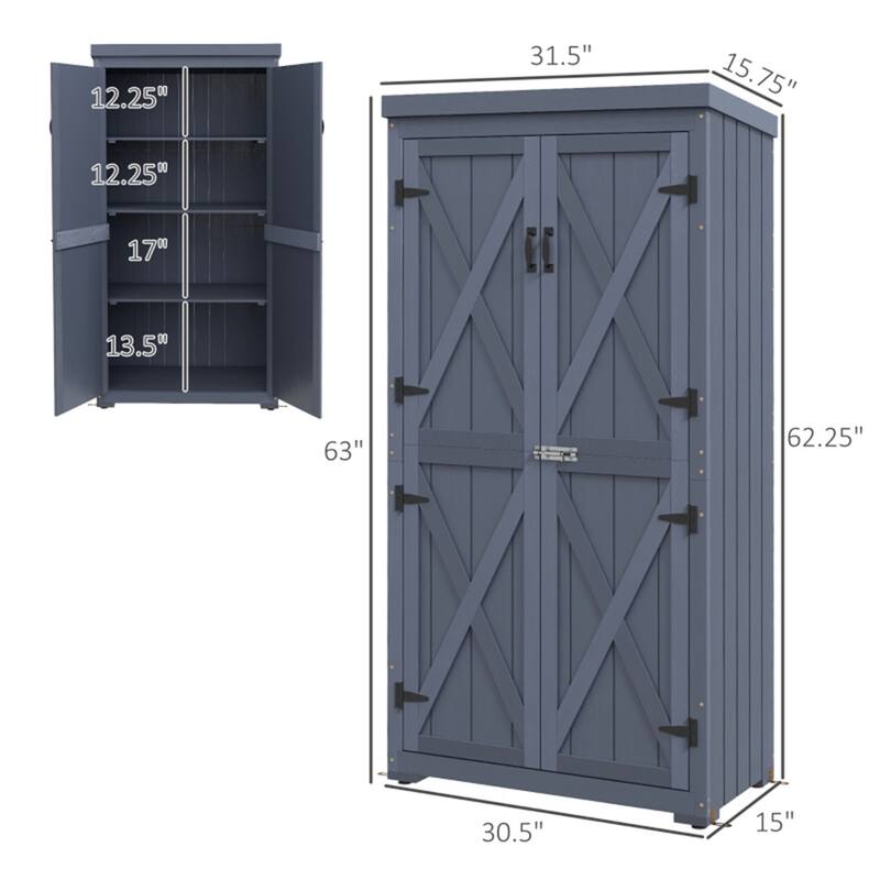 Outdoor Wooden Garden Shed With Shelves Latch And Roof - 31.5" W x 15.75" D x 62.25"