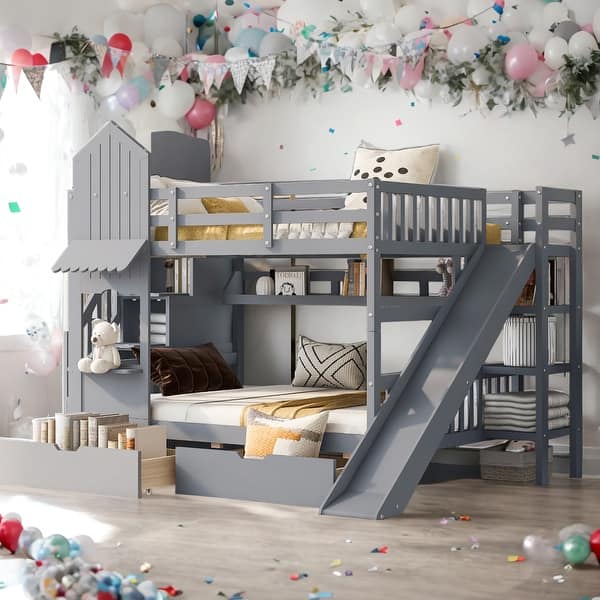 slide 2 of 12, Full-Over-Full Castle Style Bunk Bed with 2 Drawers 3 Shelves and Slide Grey
