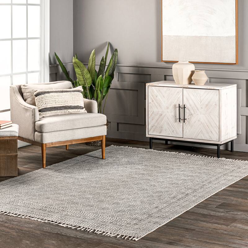 Nuloom Geometric Ivory Flatweave Sparkling Cotton Fringe Area Rug - 5' x 8' - Ivory - Rectangle