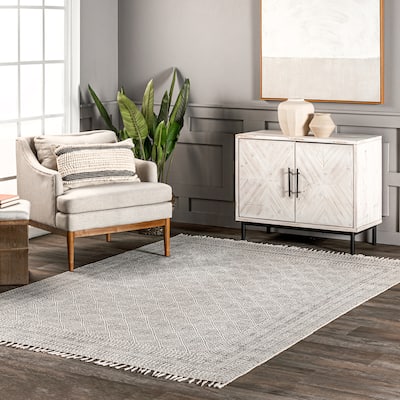 Nuloom Geometric Ivory Flatweave Sparkling Cotton Fringe Area Rug