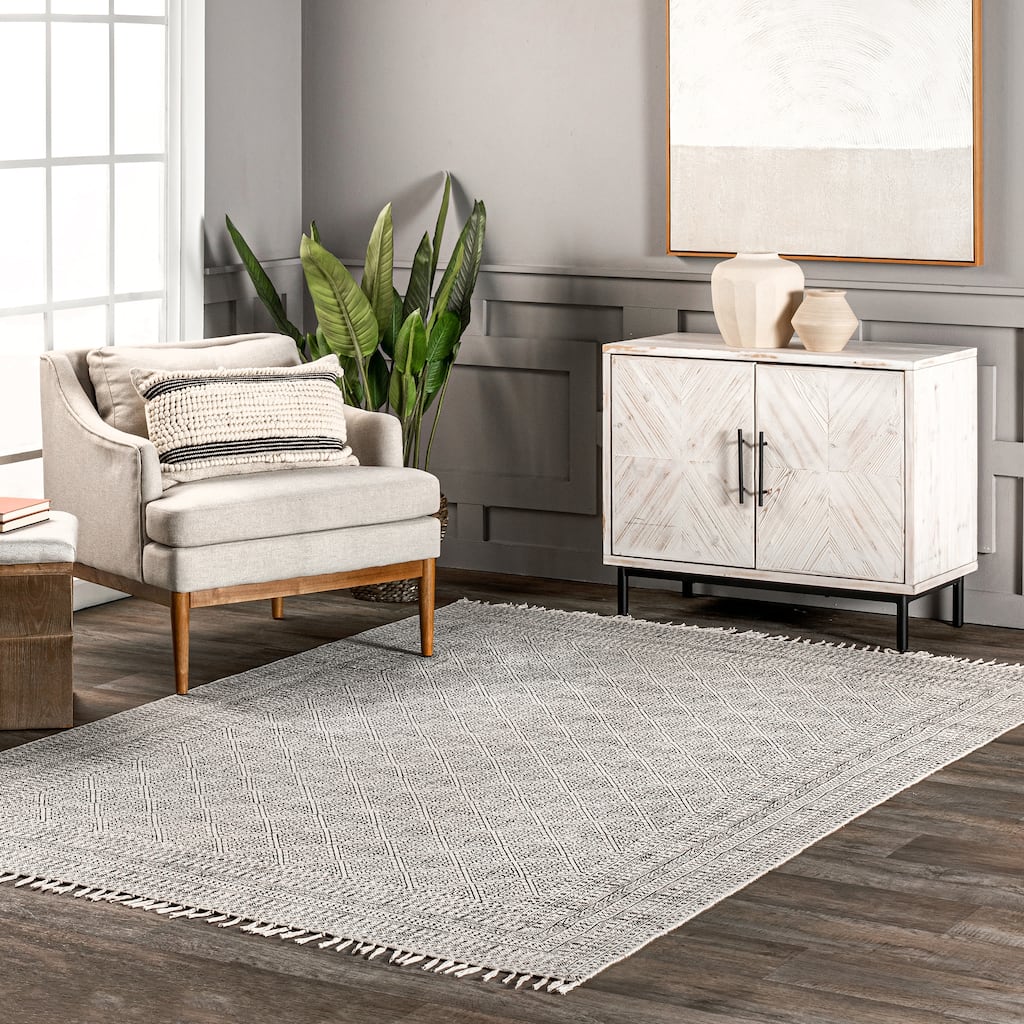 Nuloom Geometric Ivory Flatweave Sparkling Cotton Fringe Area Rug
