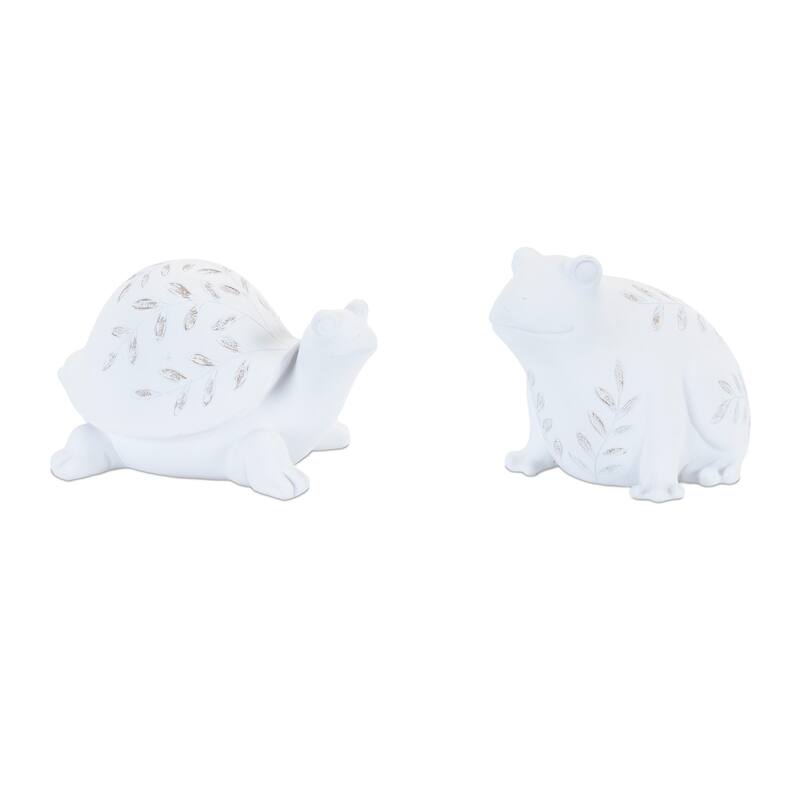 HomeRoots Set of Two White Polyresin Frog And Turtle Figurines - 8.15 in. x 4.65 in. x 5.25 in.