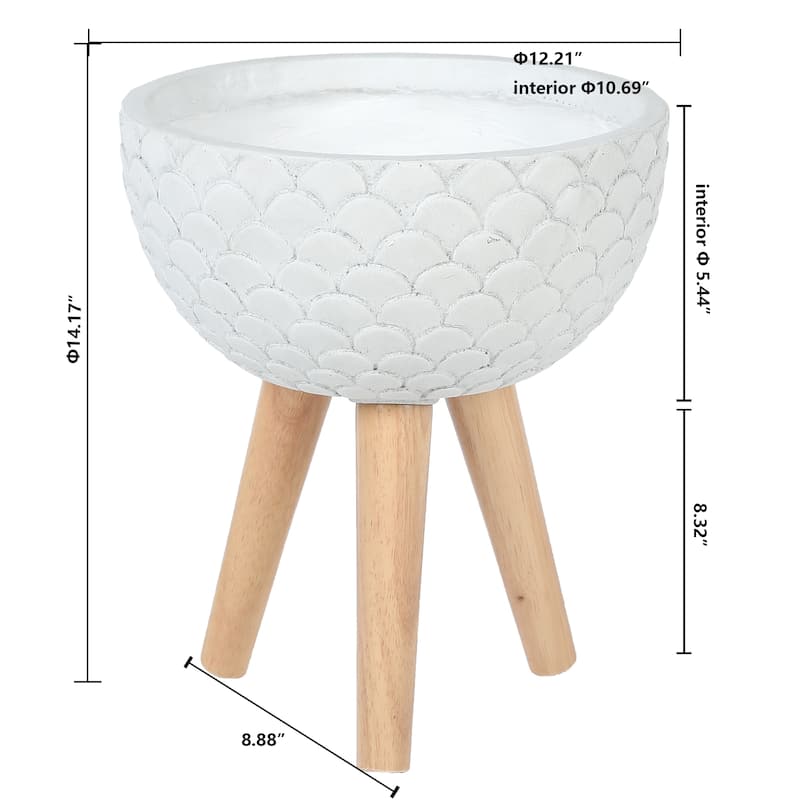 Scallop Embossed White 12.2-Inch Round MgO Planter with Brown Wood Legs - Planter + Legs: 14.17" hx 12.21" Diameter