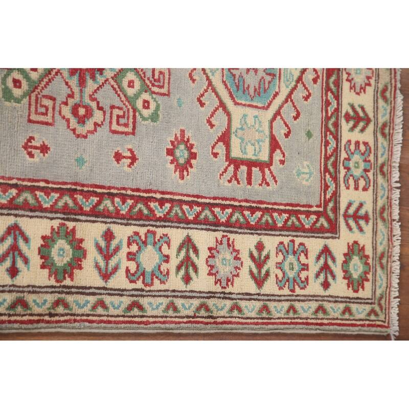 Hand Knotted Oriental 100% Wool Carpet Traditional Geometric Greys & Charcoal Kazak Area Rug - 6' 0'' X 2' 9''