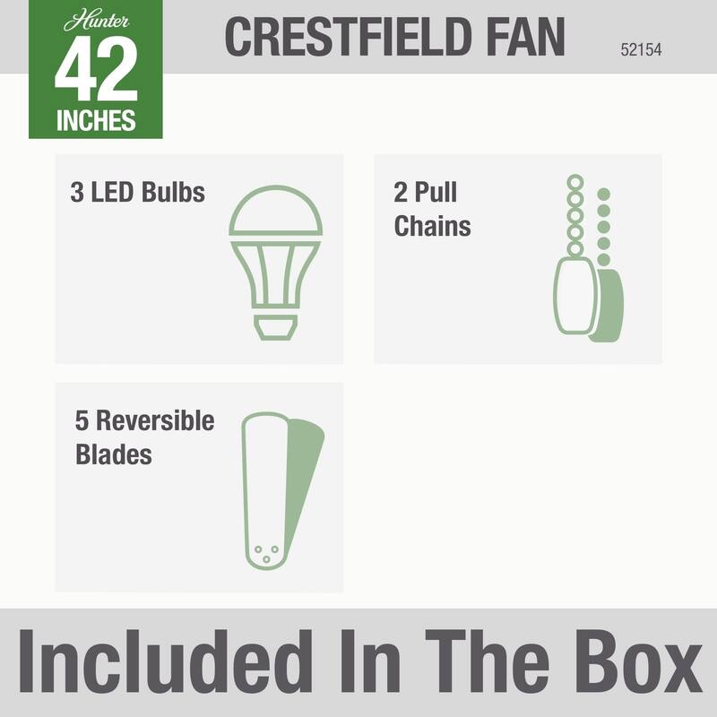 Hunter 42" Crestfield Low Profile Ceiling Fan with 3-Light LED Light Kit and Pull Chain - Casual, Farmhouse, Rustic