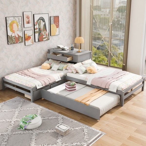Full Size L shaped Platform Beds with Twin Size Trundle and