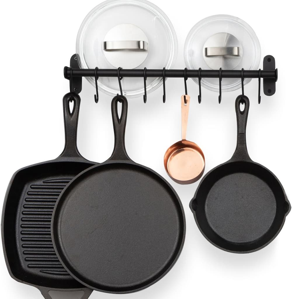 Wallniture Lyon Steel 17'' Pot Rack with 10 Hooks, Utensil Holder, Black